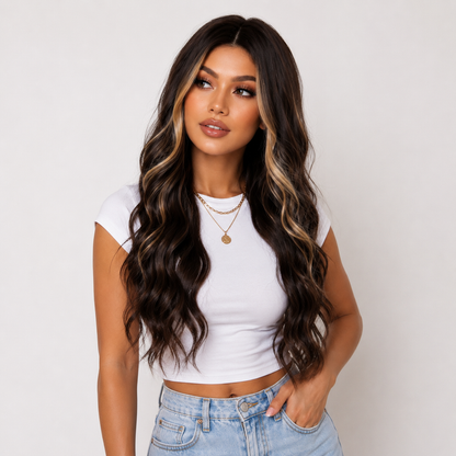 "Elisabeth" - Long Brown Wig with Money Piece Highlights