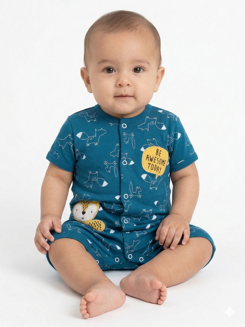 Fox & hedgehog - Half Sleeve- Summer Romper aqwa