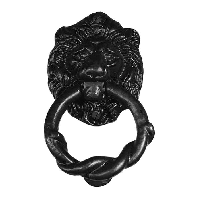 Black lion head door knocker with twisted ring