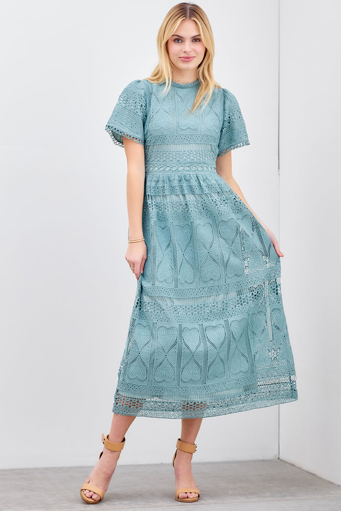 Mock Neck Lace Maxi Dress - Teal