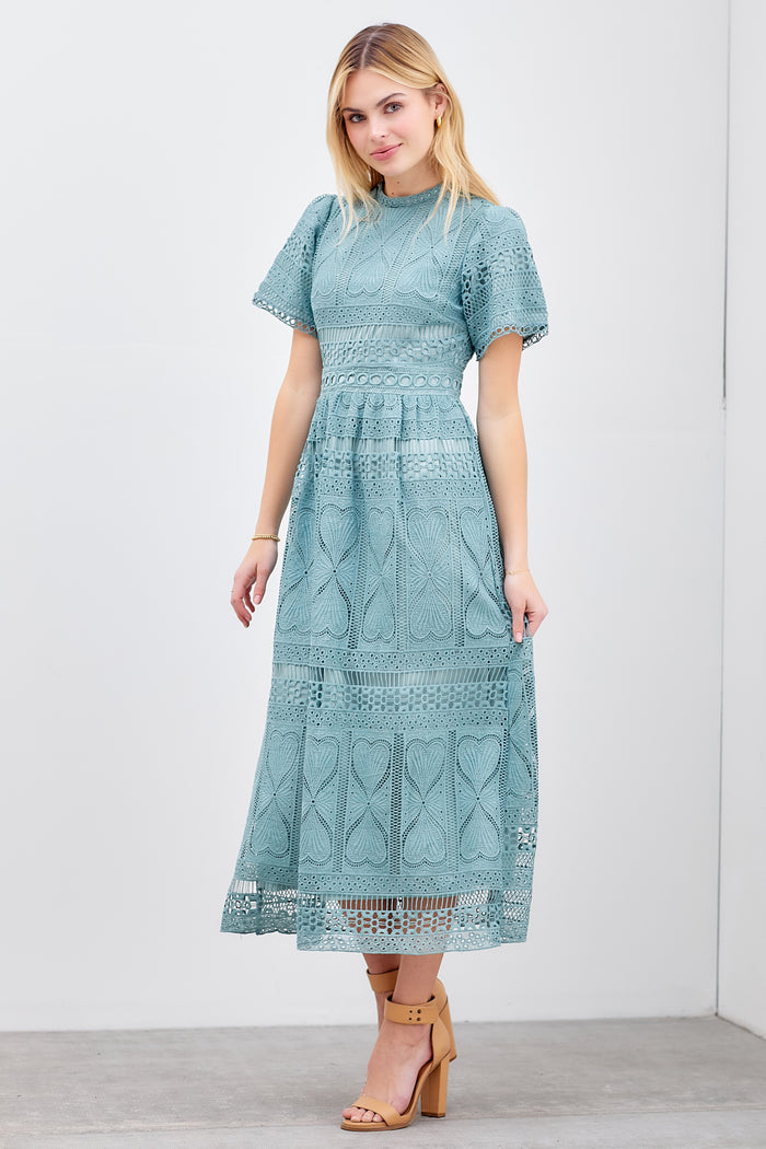 Mock Neck Lace Maxi Dress - Teal