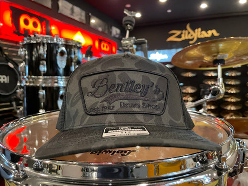 ~NEW~ Bentley's Drum Shop Trucker Snapback Hat in Black Camo with Black Mesh and Black Logo
