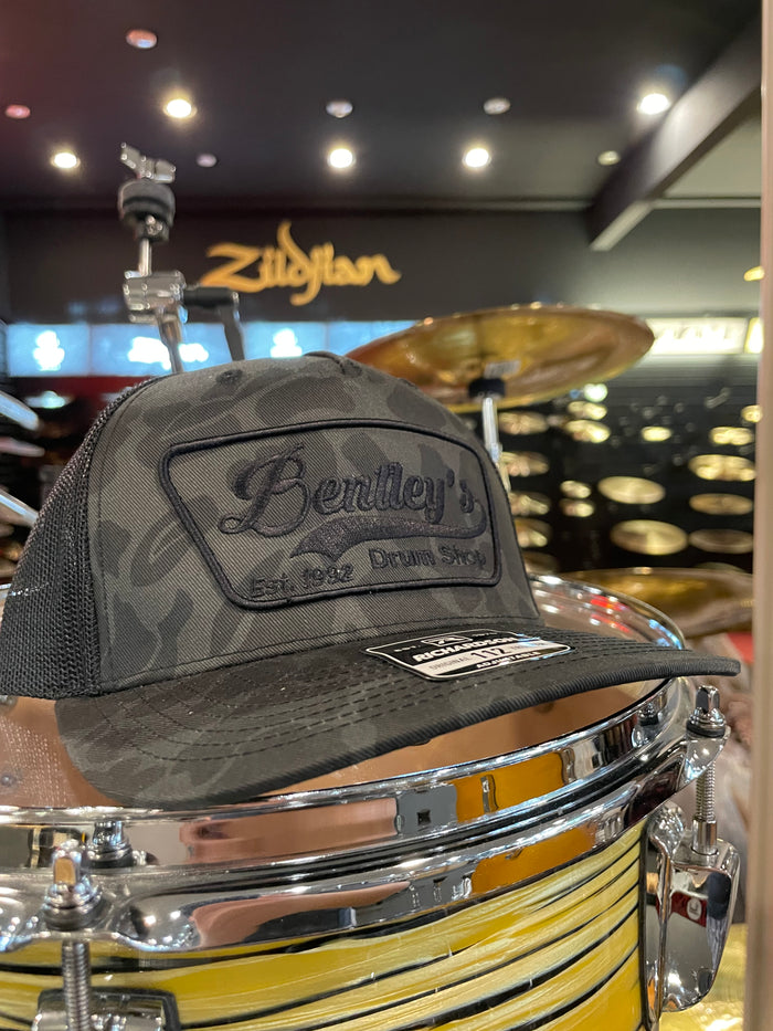 ~NEW~ Bentley's Drum Shop Trucker Snapback Hat in Black Camo with Black Mesh and Black Logo