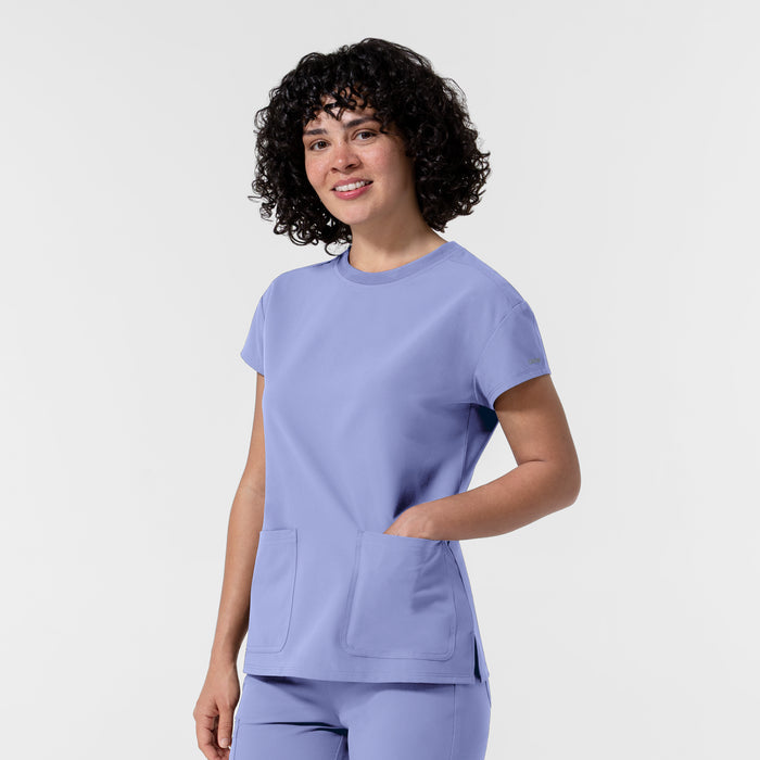NURTUR Women's Cap Sleeve Crew Neck Scrub Top Ceil Blue side view