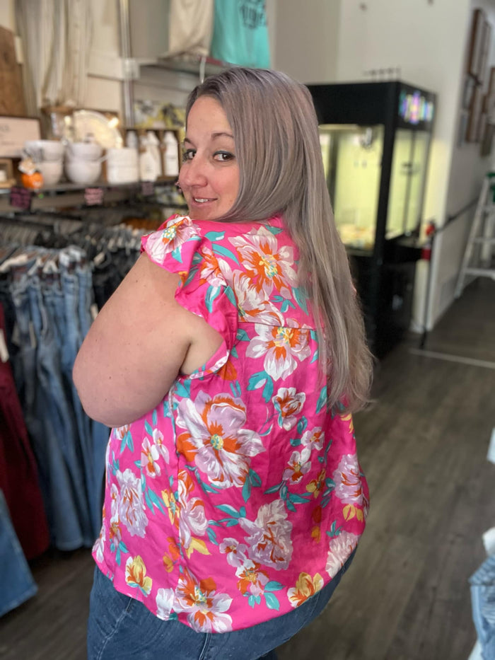 Pink Tropical Floral Flutter Sleeve