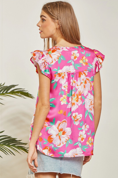 Pink Tropical Floral Flutter Sleeve