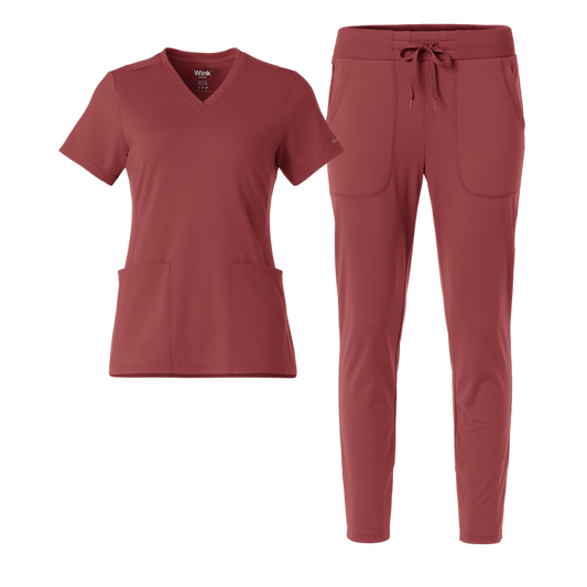 RENEW Knit 2 Pocket Top and Track Pant Scrub Set | Ruby
