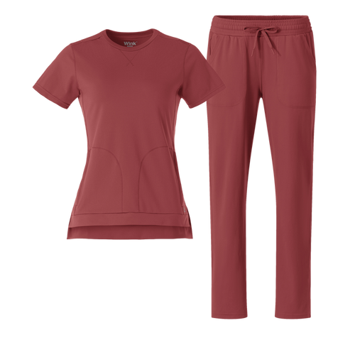 RENEW Knit Crew Neck and Wide Leg Scrub Set | Ruby