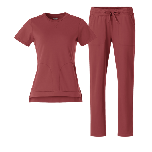 RENEW Knit Crew Neck and Wide Leg Scrub Set | Ruby