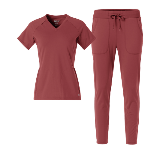RENEW Knit V-Neck and Track Pant Scrub Set | Ruby