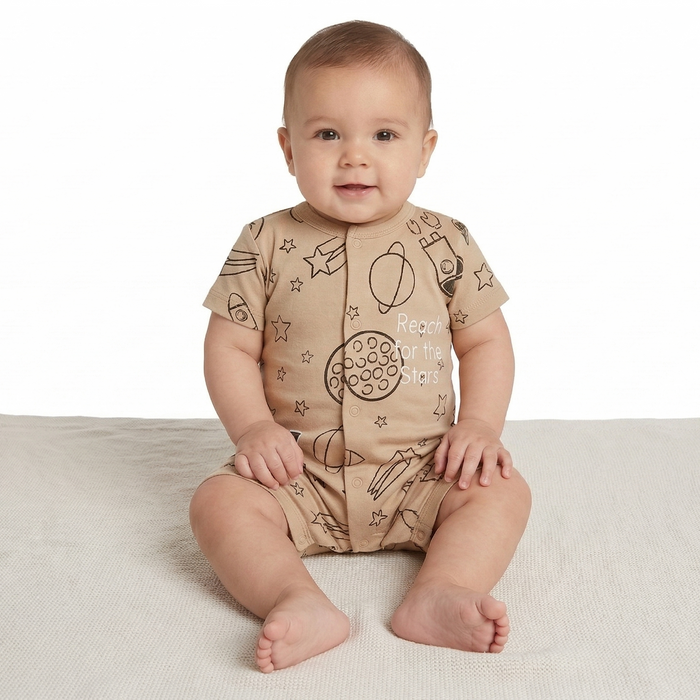 Space Boy -Half Sleeve- Summer Romper Beige