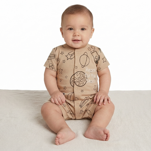 Space Boy -Half Sleeve- Summer Romper Beige
