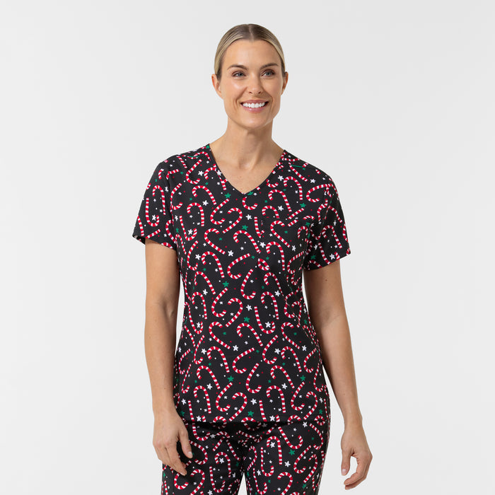 Women's 1-Pocket Tuck-in Print Scrub Top - Christmas Scrubs