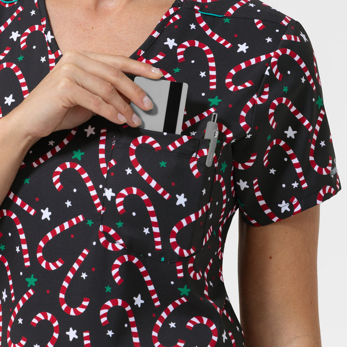 Women's 1-Pocket Tuck-in Print Scrub Top - Christmas Scrubs pocket
