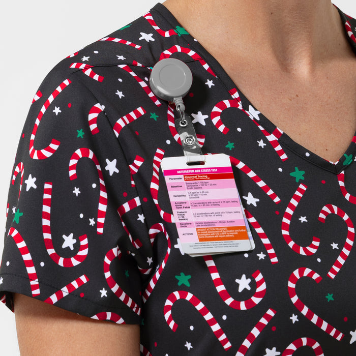 Women's 1-Pocket Tuck-in Print Scrub Top - Christmas Scrubs second badge loop